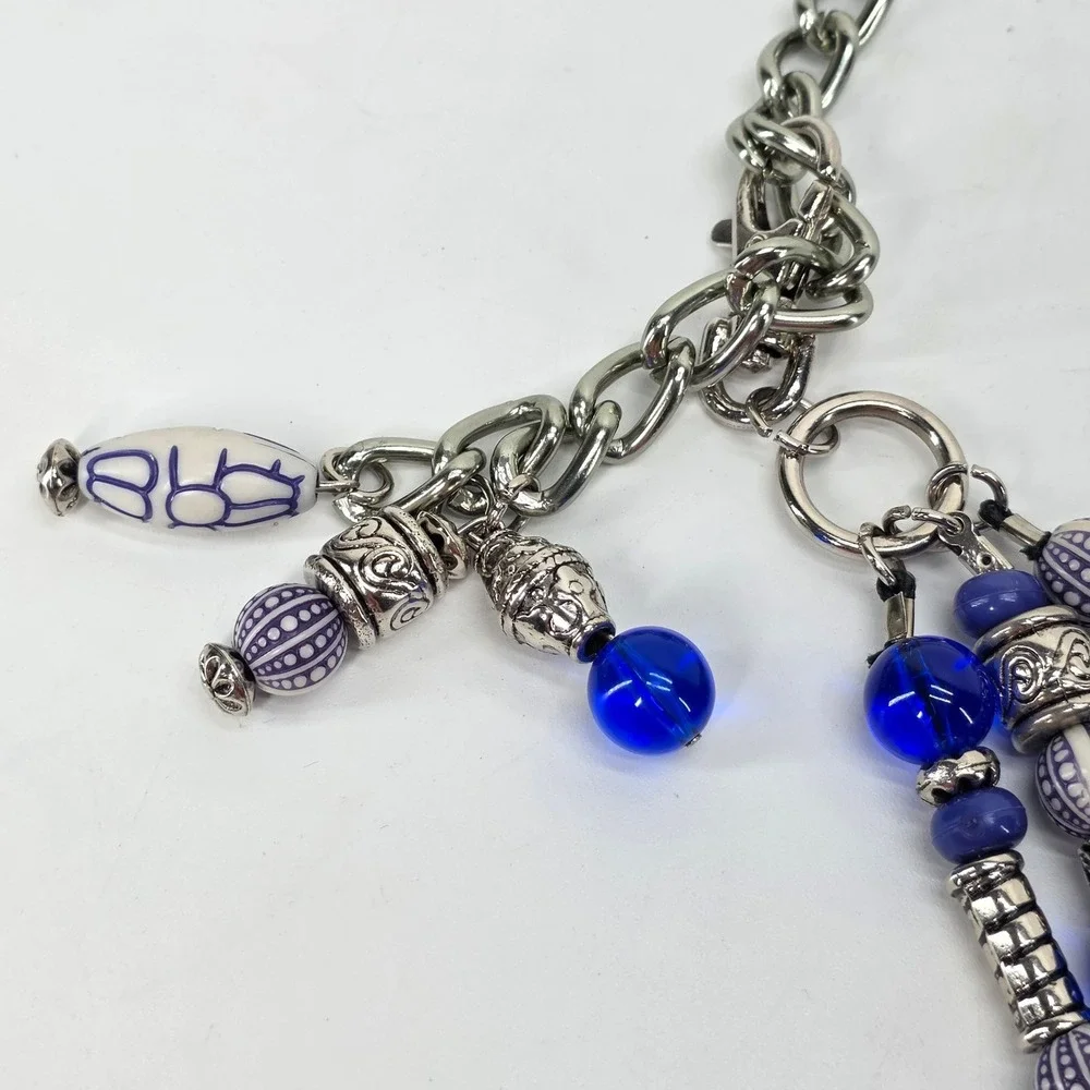 VTG Beaded Chain Belt Blue Silver Triple Strand Adjustable Waist Jewelry Boho